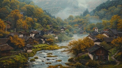 Poster - A serene scene of a river meandering through a dense, vibrant forest