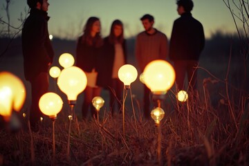 Poster - Group of people standing in a field of light bulbs, great for event or party concepts