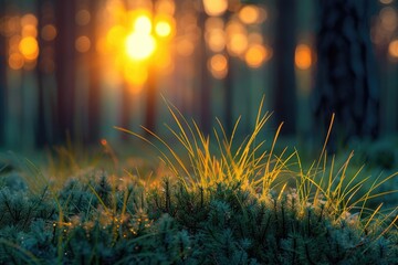 Poster - A serene scene of sunlight shining through the treetops in a dense forest