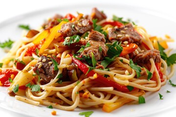 Poster - A plate of pasta served with meat