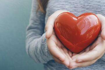 Poster - A woman grasping a bright red heart symbolizing love or affection