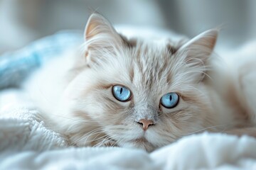 Poster - A domestic cat with striking blue eyes rests comfortably on a soft blanket