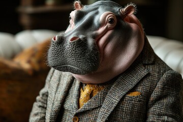 Poster - A close-up view of a hippopotamus wearing a suit and tie, great for business or finance concepts