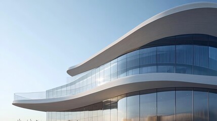 Poster - A modern building with curved glass walls reflecting the sky against a clear blue backdrop.