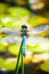 Sticker - A dragonfly perched on the edge of a vibrant green leaf, its delicate body and iridescent wings visible