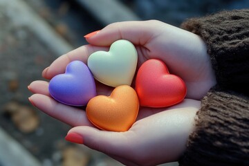 Poster - A person holding three hearts, perfect for Valentine's Day or any romantic occasion