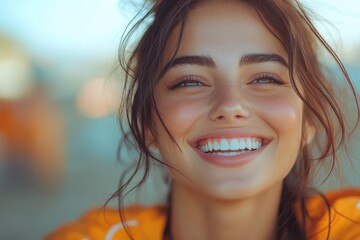 Wall Mural - A smiling woman with long brown hair is wearing a bright yellow shirt, looking happy and relaxed