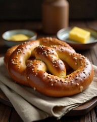 Wall Mural - Freshly baked pretzel with coarse salt on a wooden board, accompanied by butter, showcasing a rustic and appetizing scene