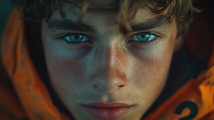 Poster - A close-up shot of a person wearing an orange jacket, suitable for various occasions and uses