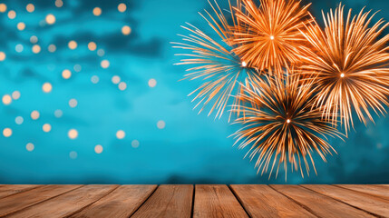 fireworks illuminating night sky over wooden surface, creating festive atmosphere
