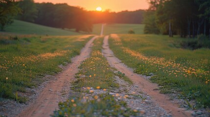 Poster - A dirt road in a field with a beautiful sunset in the background, great for travel or landscape photos