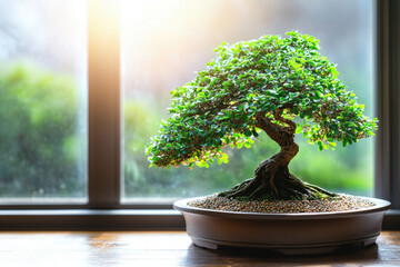 Poster - zen bonsai tree on wooden table by window, showcasing vibrant green leaves and intricate branches, creating serene atmosphere