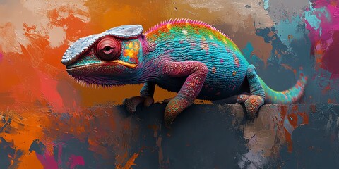 Poster - A vibrant, colorful chameleon against an abstract, painted background.