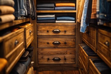 Poster - Cozy walk-in closet with storage drawers and hanging clothes, perfect for interior design or lifestyle images