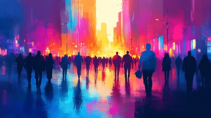 Poster - A vibrant cityscape at sunset with silhouetted figures walking through a colorful urban scene.