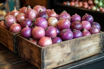 Poster - A wooden box filled with plenty of purple onions