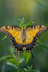 Wall Mural - A yellow and black butterfly perched on a green leaf, ready to take flight