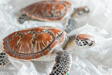 Poster - Two turtles in plastic bags on a white surface