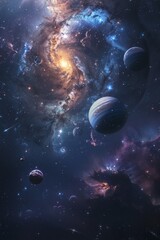 Wall Mural - distant alien world planet, deep space landscape with several moons