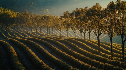 Poster - Image of a row of trees in a field of crops, great for agriculture or landscape use