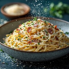 Canvas Print - Delicious plate of spaghetti topped with crispy bacon, herbs, and grated cheese, creating a delightful pasta dish.