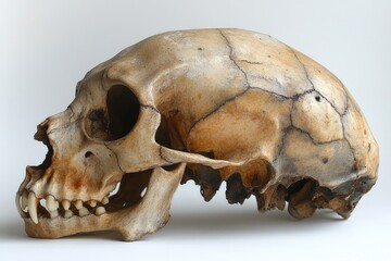 Poster - A detailed view of a human skull on a white surface, perfect for medical or forensic use