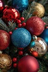 Poster - A cluster of colorful Christmas decorations on a table or shelf