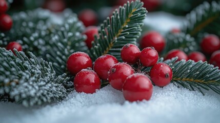 Aufkleber - A cluster of bright red berries sits atop a pile of snow, adding a pop of color to the winter landscape
