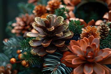 Poster - A close-up view of a collection of pine cones on a rustic surface