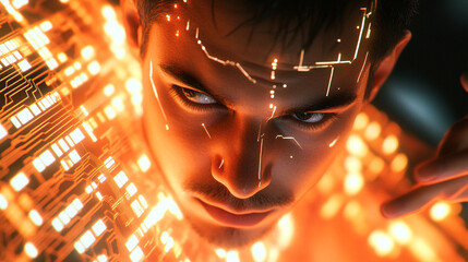 Poster - Futuristic portrait of a man with glowing circuitry designs on his face