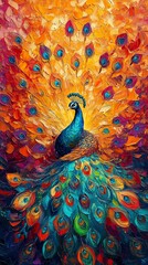Poster - A vibrant peacock displays its colorful feathers against a warm, abstract background.