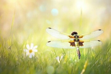 Poster - A dragonfly perched on top of a vibrant green field, perfect for nature and wildlife illustrations