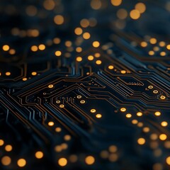 Poster - Close-up of a dark circuit board with glowing yellow light, representing modern technology and innovation.