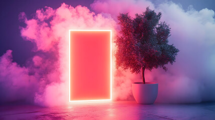 Poster - A captivating scene featuring a glowing neon rectangle, a potted tree, and vibrant pink smoke clouds, blending natural and artificial elements in harmony.