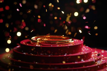 Poster - A set of stairs with a row of gold rings on the top step, ideal for decorative or conceptual use