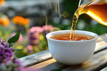 Poster - A steaming hot cup of tea being poured into a cup, perfect for a cozy moment