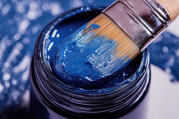 Poster - A blue paint can with a brush sticking out of it, ready to use