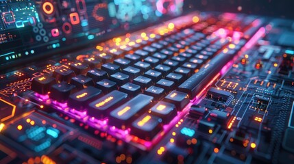 Poster - Futuristic keyboard with vibrant RGB lighting and circuit board details.