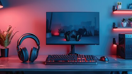 Poster - Gaming setup with headphones, keyboard, monitor, and mouse on desk with neon lights.