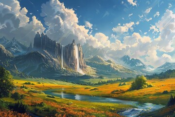 Fototapete - A breathtaking fantasy landscape featuring a majestic waterfall cascading down mountains under a clear blue sky. Fantastical landscape operated through blockchain ,
