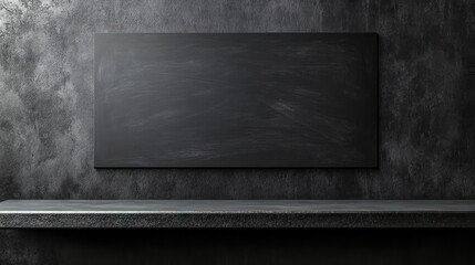 Poster - Blank chalkboard on a textured wall with a shelf below 