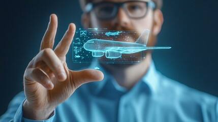 Poster - man interacting with a holographic airplane model.