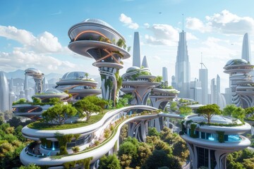 Poster - a vibrant cityscape featuring innovative buildings and green spaces, representing the future of urba