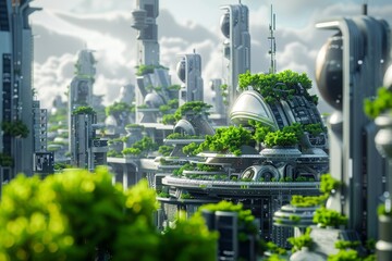 Poster - A vibrant cityscape featuring innovative buildings and green spaces, representing the future of urban development. Futuristic city implementing biotechnology strategies.