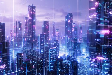 Poster - Futuristic city with all buildings protected by cyber security ,A vibrant futuristic cityscape featuring numerous towering buildings and advanced architectural designs under a clear sky.