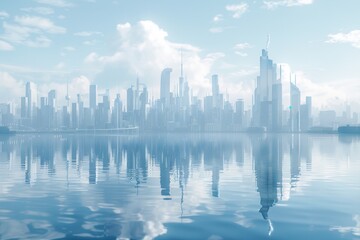 Poster - . A serene water surface captures the reflection of a bustling city, blending urban elements with the peacefulness of water. Futuristic cityscape reflected in the calm water .