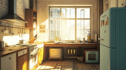 Poster - Bright modern kitchen with a writing desk near a window, wooden furniture, and a simple yet elegant design