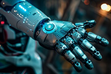 Poster - a metallic robot hand with intricate joints and a sleek design, showcasing advanced technology and e