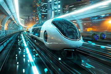 Poster - a modern train travels down a bustling street at night, surrounded by glowing city lights and a star