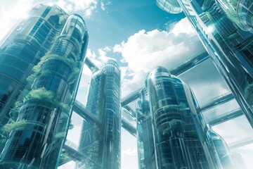 Poster - A vibrant cityscape composed entirely of lush green plants and trees, showcasing nature's beauty in an urban setting. Futuristic skyscraper with a biotech theme.